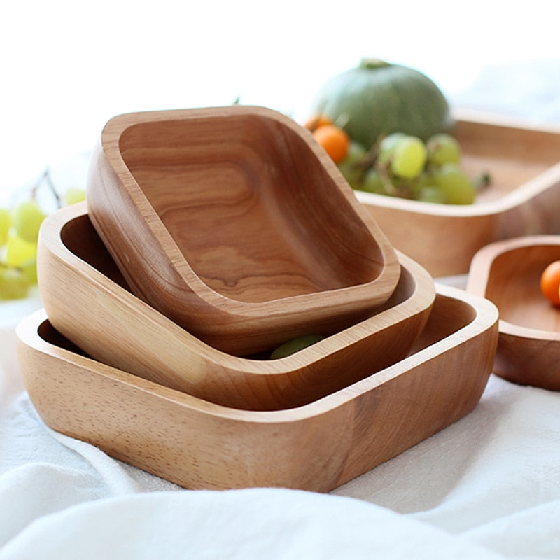 Square wooden salad bowls