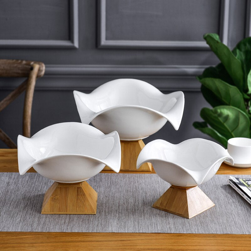 Ceramic bowl with bamboo base